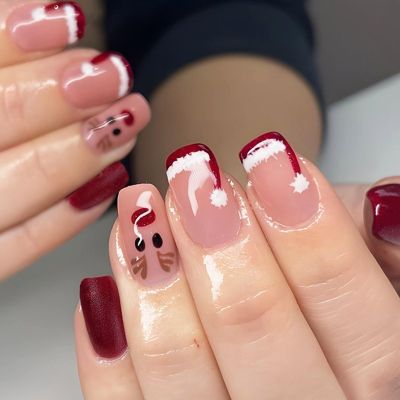Square Christmas Press-On Nails with Reindeer, Santa Hat & French Tips, 24 Pieces