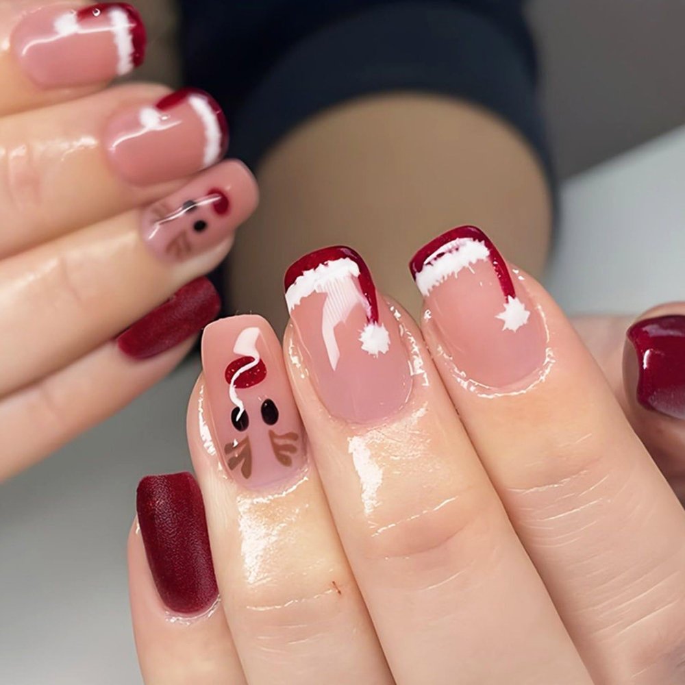 Square Christmas Press-On Nails with Reindeer, Santa Hat & French Tips, 24 Pieces