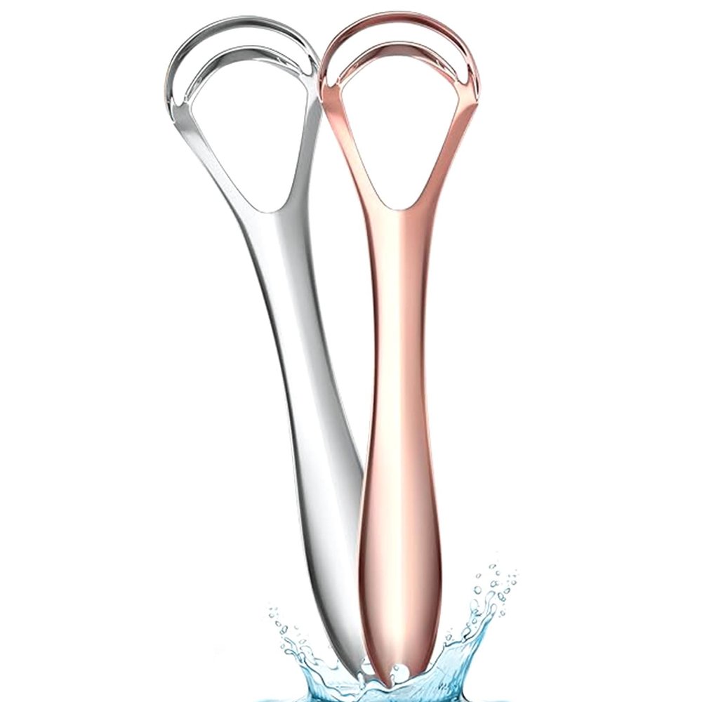 Double-Head Tongue Scraper for Adults and Children, Metal Tongue Cleaner with Travel Case, Rose Gold, 2-Pack