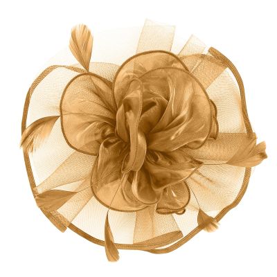 Women's Gold Fascinator Headband with Feather, Flowers and Mesh Veil