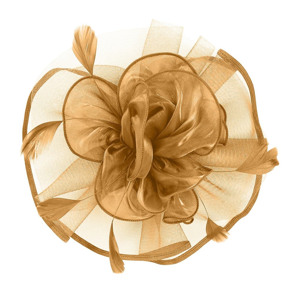 Women's Gold Fascinator Headband with Feather, Flowers and Mesh Veil
