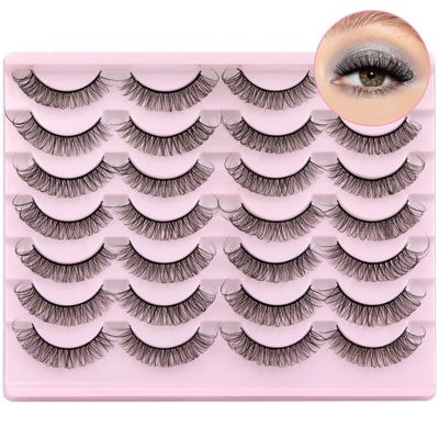 Natural Wispy False Eyelashes, 3D Cat-Eye, Faux Mink, Fluffy, 14 Pairs