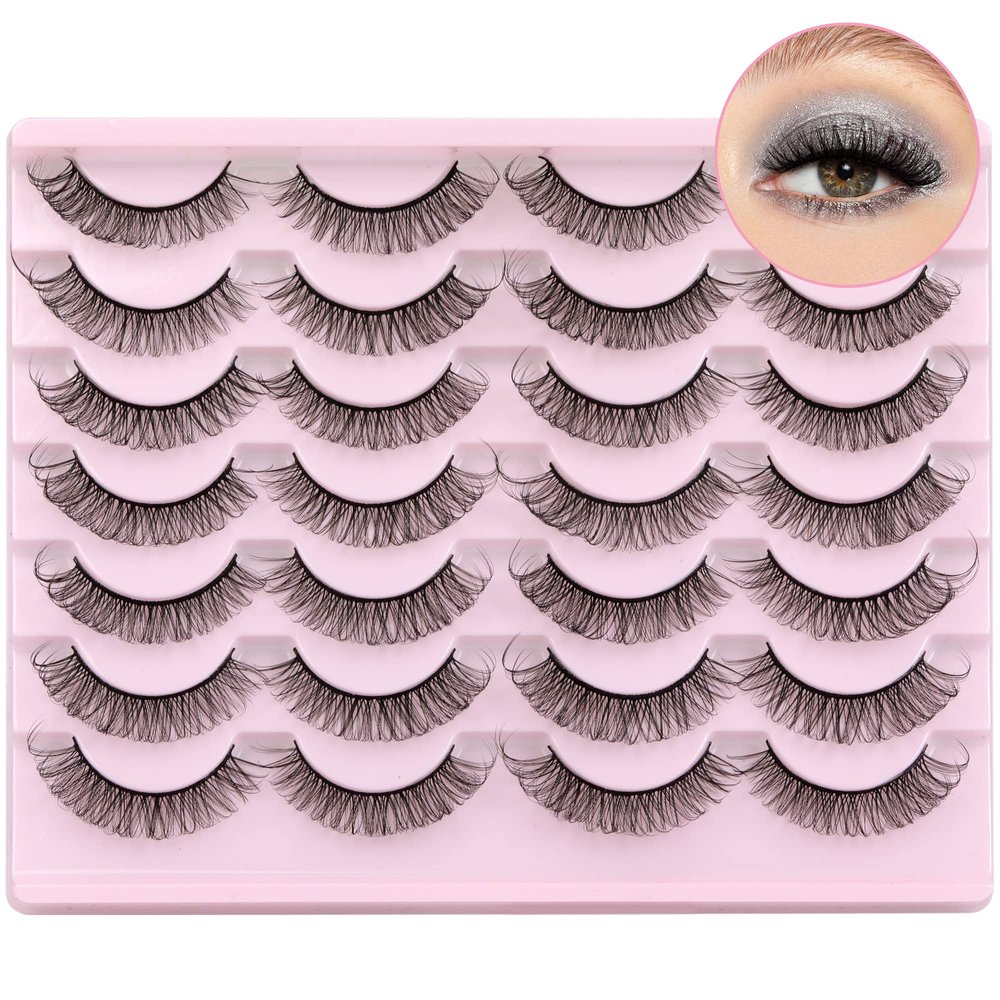 Natural Wispy False Eyelashes, 3D Cat-Eye, Faux Mink, Fluffy, 14 Pairs