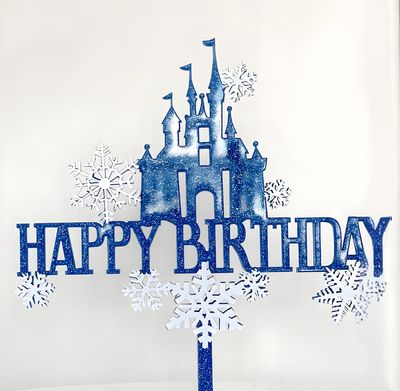 AILEXI Acrylic Glitter Cake Toppers, 1pc Happy Birthday Castle Dark Blue and 8 White Snowflakes, A503