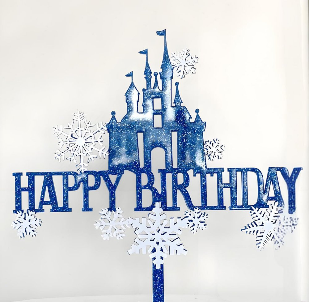AILEXI Acrylic Glitter Cake Toppers, 1pc Happy Birthday Castle Dark Blue and 8 White Snowflakes, A503