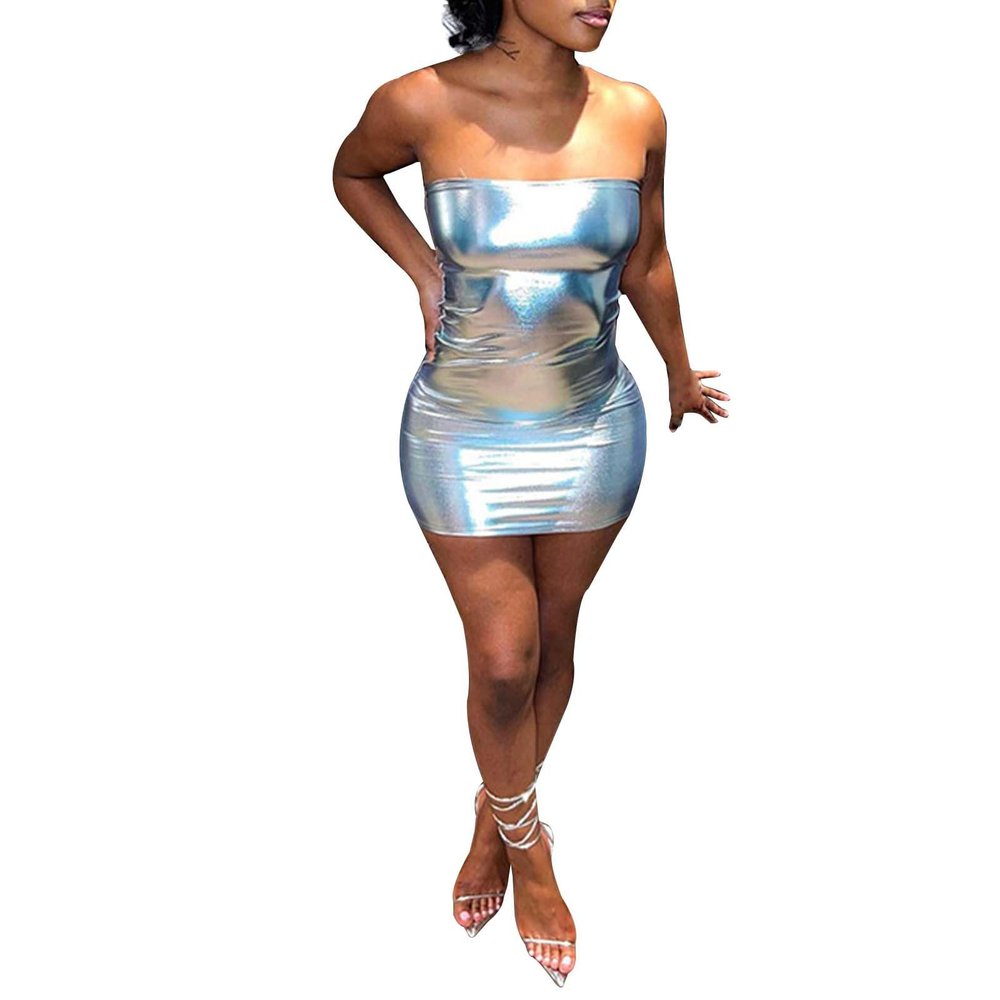 Women's Silver Metallic PU Leather & Latex Wetlook Bodycon Mini Party Dress
