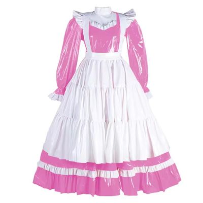 YGZHANYUANOKU Adult Sissy Lockable Maid Dress with Apron, Pink PVC Wet-Look Maxi Dress, Size M/38