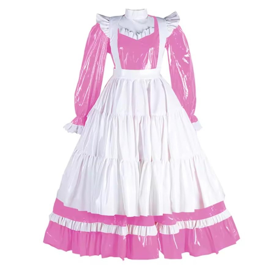 YGZHANYUANOKU Adult Sissy Lockable Maid Dress with Apron, Pink PVC Wet-Look Maxi Dress, Size M/38