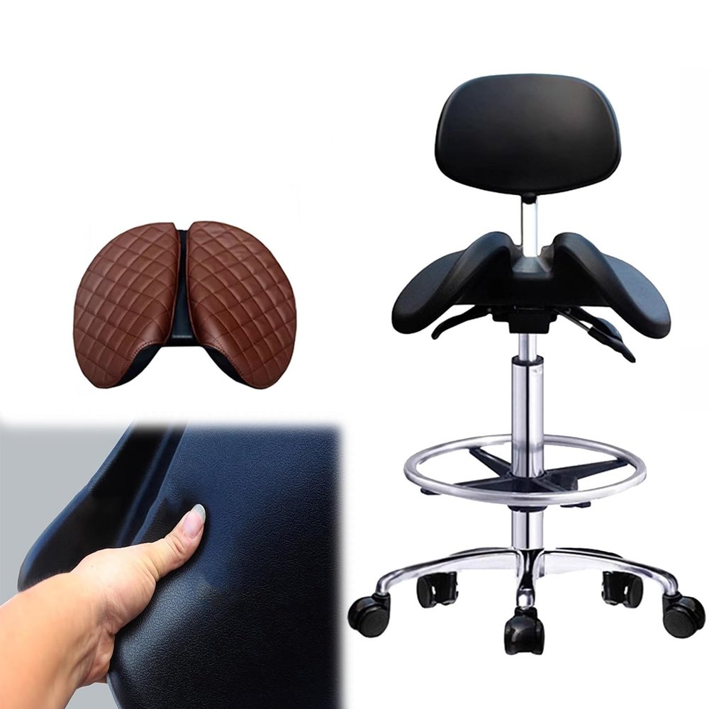 IUBGFTO Saddle Stool, Rolling Chair for Dental Offices, Padded Ergonomic Saddle Stool, Adjustable Height, Split Seat, Swivel, Black (54)