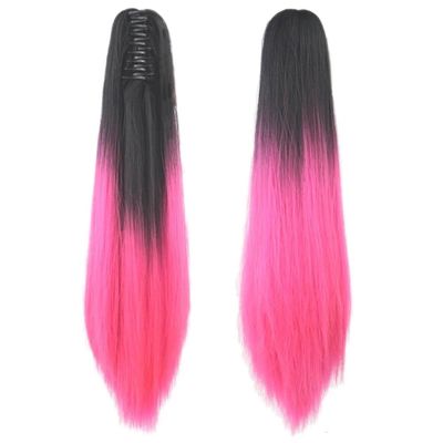 24-Inch Curly Brown Ombre Claw Ponytail Synthetic Clip-In Hair Extension for Effortless Style (Straight 1BTPINK)