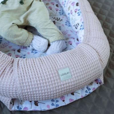 LOOLAY Pink Floral/Dusty Rose Waffle Piqué Organic Cotton Baby Nest for Newborns, Solo Nest