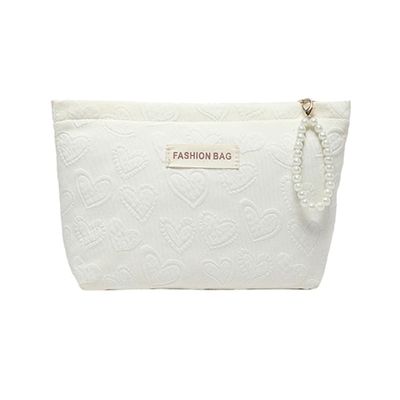 Kexpery Small White Canvas Cosmetic Bag for Women with Heart Print and Zipper