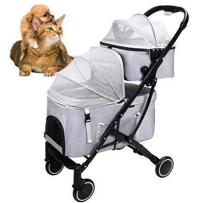 Double Pet Stroller for 2 Dogs and Cats with Removable Carrier