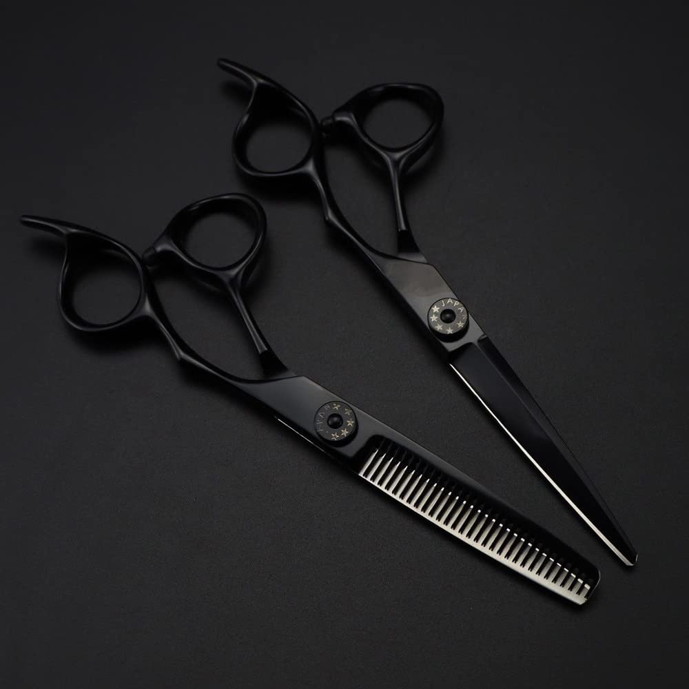 6-Inch Hair Cutting Scissors, Professional Japanese 440C Steel, Black Hairdressing and Thinning Shears Set