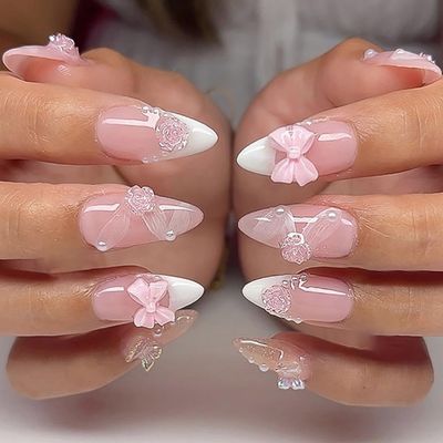 24 Almond Press-On Nails with Flowers and 3D Bows