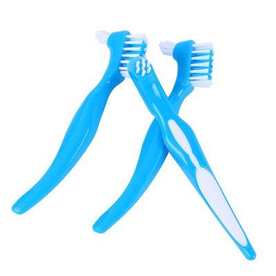 3-Piece Denture Brushes, Blue, Plastic, Double-Headed