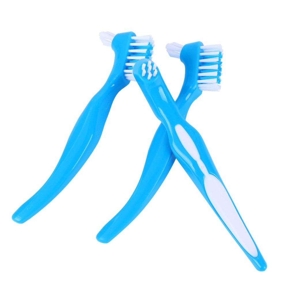 3-Piece Denture Brushes, Blue, Plastic, Double-Headed