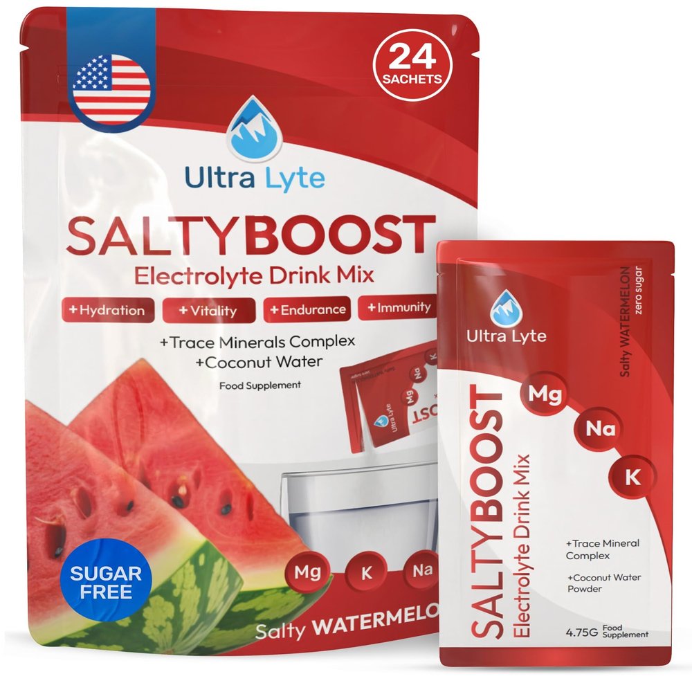 Ultra Lyte Electrolyte Drink Mix - Sugar-Free Salty Watermelon Powder - 24 Packets with High Sodium, Trace Minerals and Coconut Water