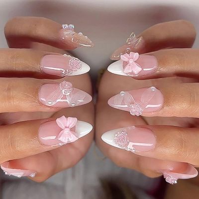 SueaLe 24-Piece White French Tip Almond Acrylic Nails with 3D Bows and Flowers