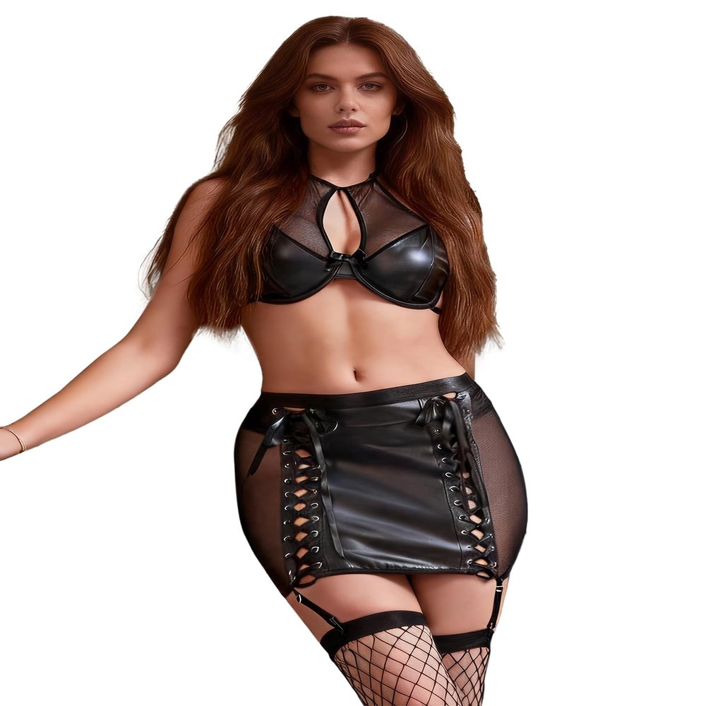 ohyeahlady Women's PU Leather Mesh Lingerie Set, Black, Size L