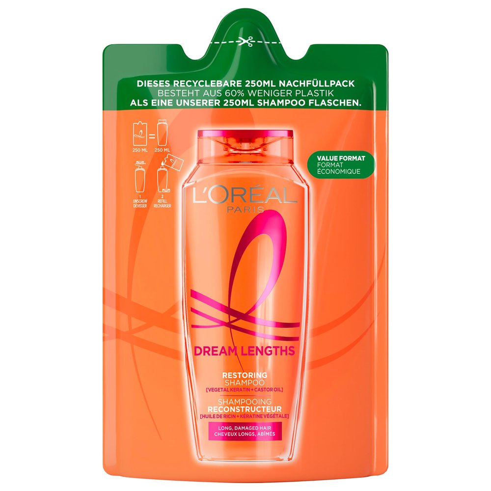 L'Oréal Paris Elvive Dream Length Repair Shampoo for Long, Straight Hair with Keratin and Castor Oil, 250 ml