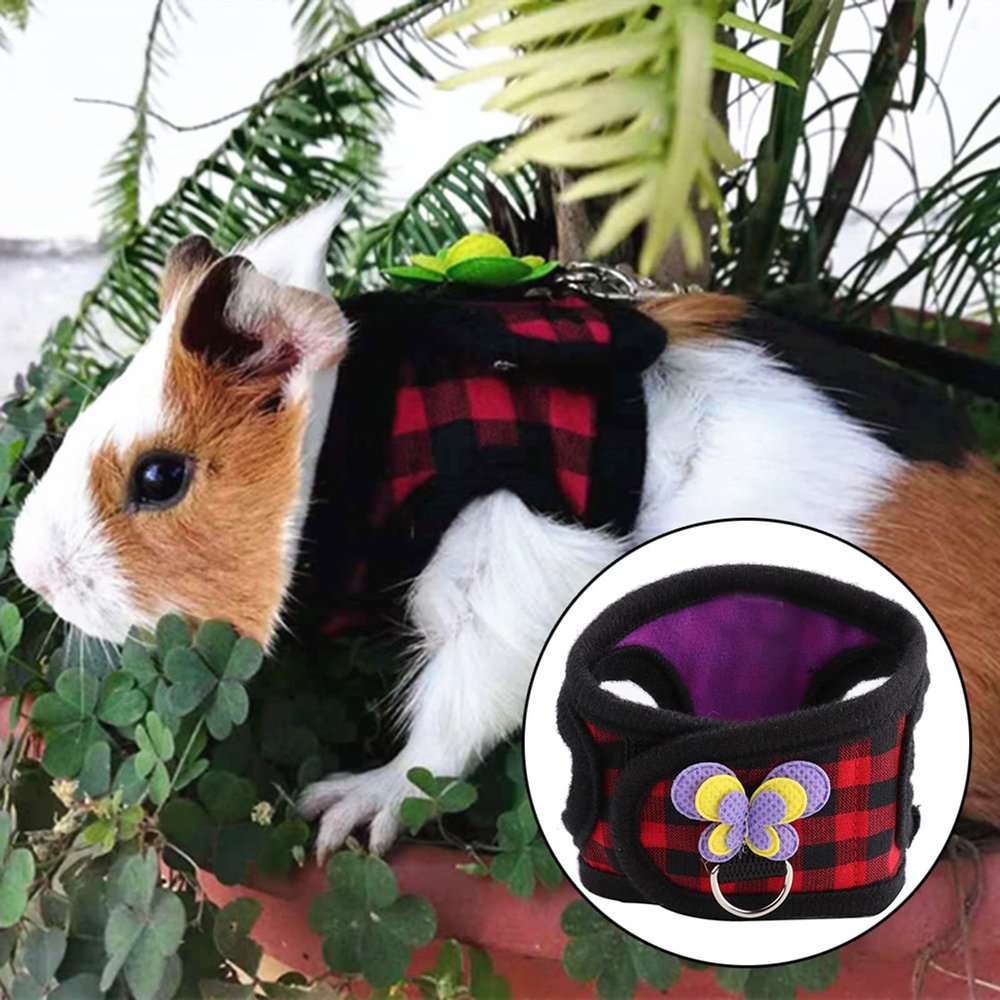 Akozon Guinea Pig Harness and Leash, Chinchilla Walking Vest with Leash for Squirrels and Hamsters, Red Plaid and Purple Heart, Size S