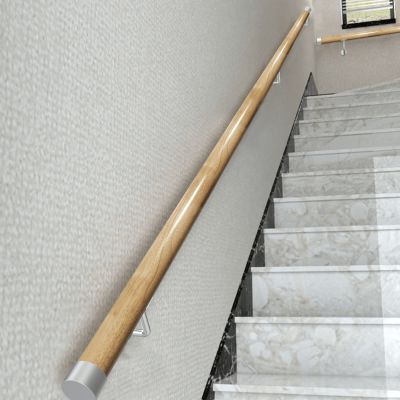 Wooden Handrail for Indoor Stairs with Silver Wall Brackets, 120 cm