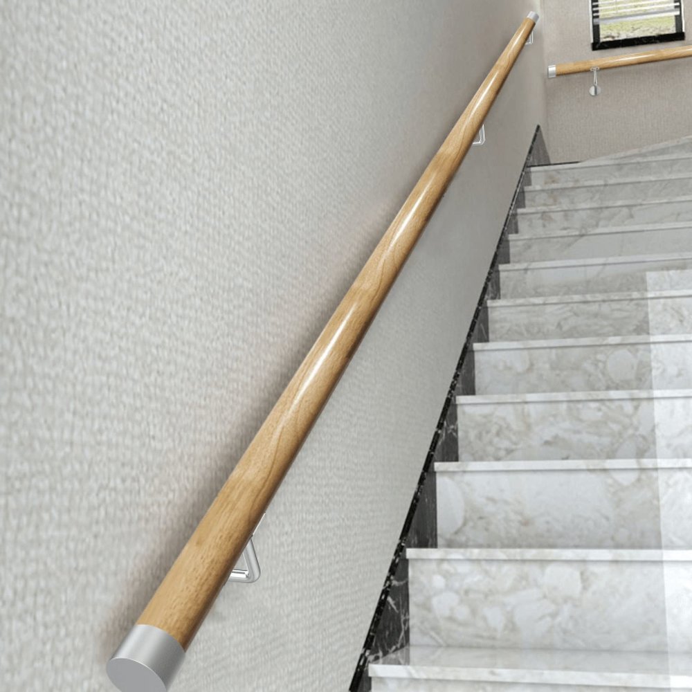 Wooden Handrail for Indoor Stairs with Silver Wall Brackets, 120 cm