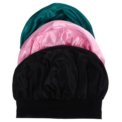 Generic 3-Pack Satin Sleep Bonnets for Women, Wide Elastic Band, Pink