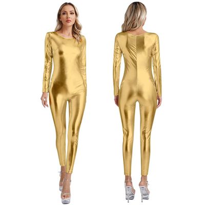 XINLIANYI Women's Metallic Long-Sleeve Bodysuit, Slim-Fit Full-Body Jumpsuit, Gold, L