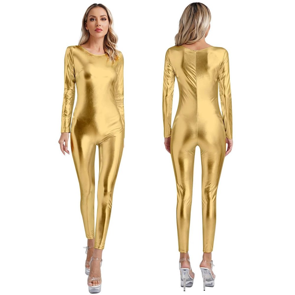 XINLIANYI Women's Metallic Long-Sleeve Bodysuit, Slim-Fit Full-Body Jumpsuit, Gold, L