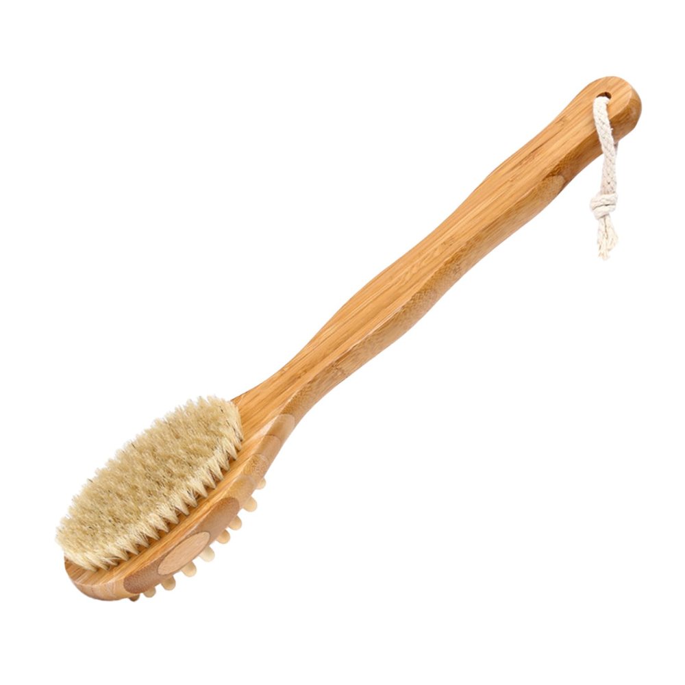 Double-Sided Shower Brush with Long Handle, Wood and Natural Bristles