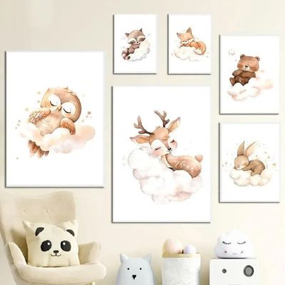Boys' Nursery Wall Art with Animals, Clouds and Owl – Beige Boho Canvas Poster