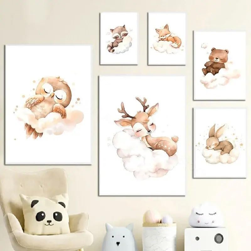 Boys' Nursery Wall Art with Animals, Clouds and Owl – Beige Boho Canvas Poster