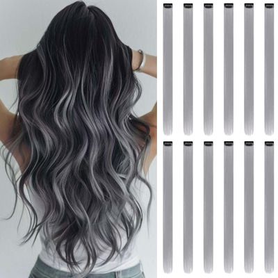 Colorful Clip-In Hair Extensions, Gray, 12 Pieces