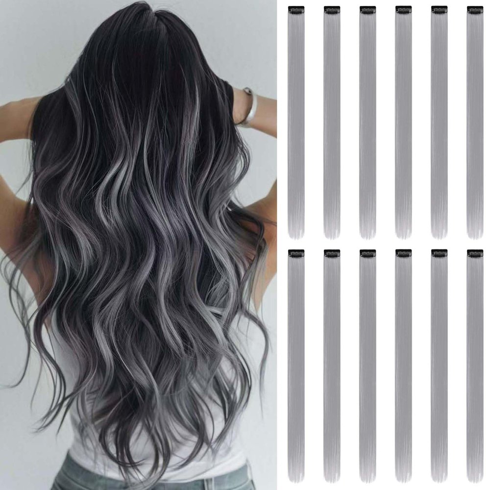 Colorful Clip-In Hair Extensions, Gray, 12 Pieces