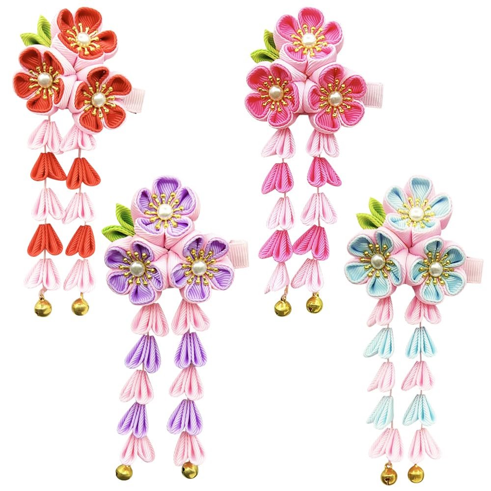 Umibow Japanese-Style Flower Tassel Hair Clips, Tsumami Kanzashi, Hanfu Cosplay, 4-Piece Set