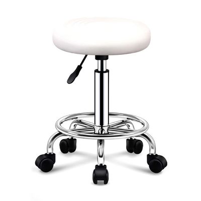ZHOUXIAO White PU Leather Round Rolling Stool with Footrest