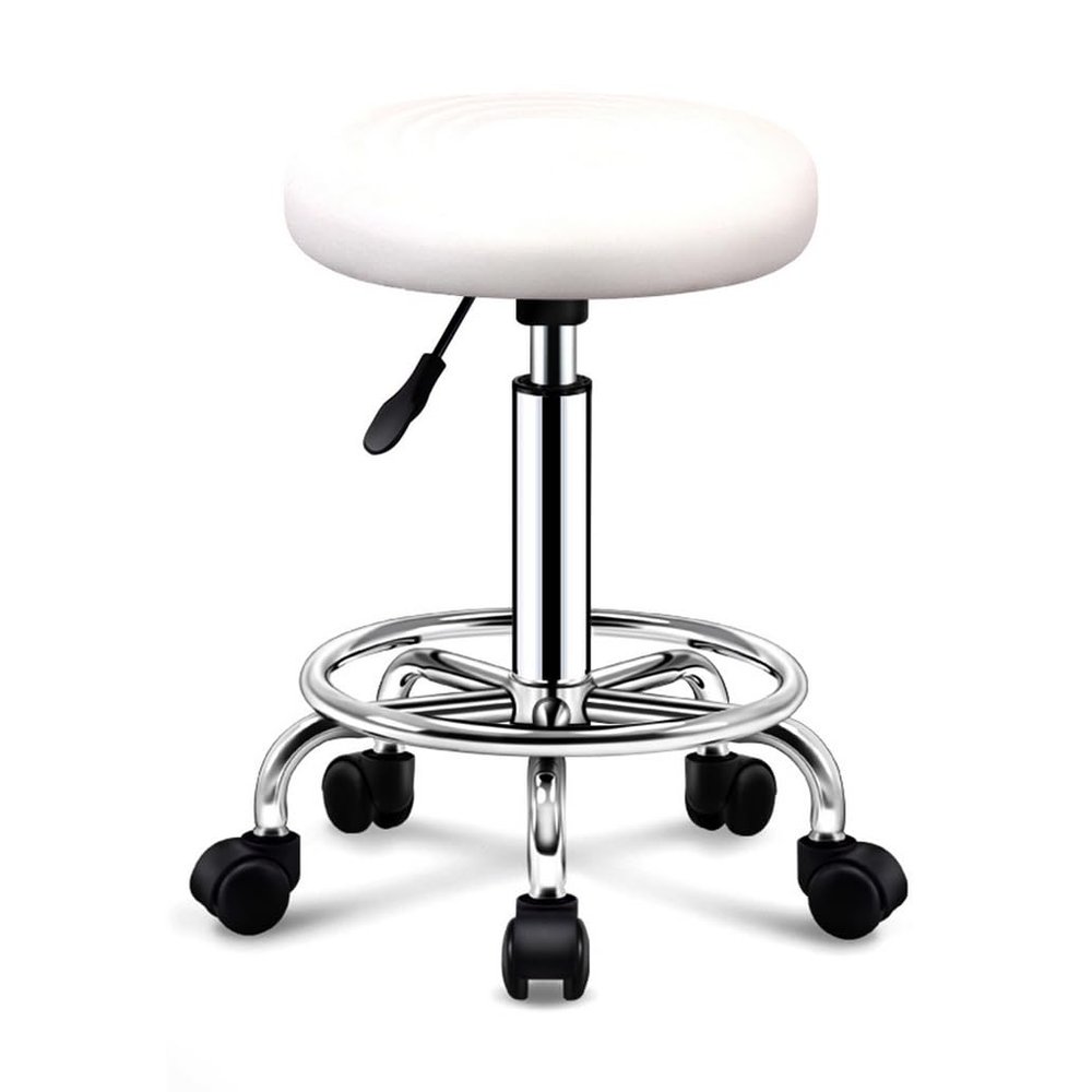 ZHOUXIAO White PU Leather Round Rolling Stool with Footrest