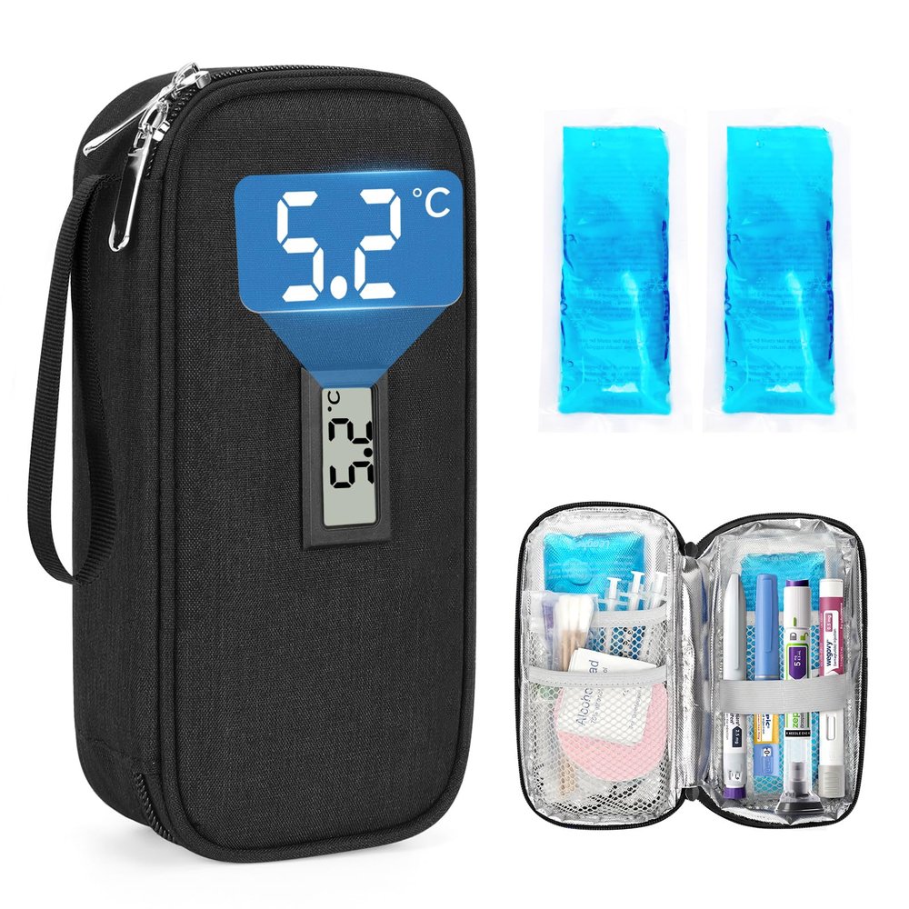 YOUSHARES Insulin Pen Case with 2 TSA Cooling Packs and Temperature Display, Insulated Medication Cooler Bag for Travel, Diabetes Supplies Case (Black)