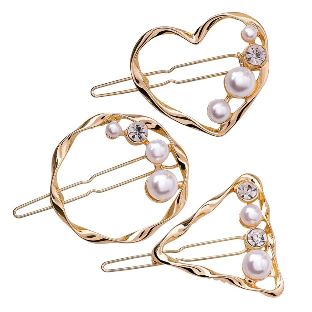 Geometric Pearl and Rhinestone Hair Clips, 3-Piece Set for Women