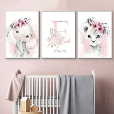 BeiYiHo Personalized Pink Animal Poster for Nursery, 30 x 40 cm, Unframed