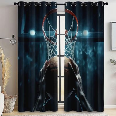 Dark Blackout Grommet Curtains, Thermal H 200 x W 70 cm, Set of 2, Basketball Player Pattern