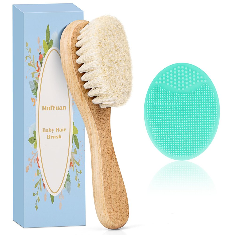 MolYuan Baby Hair Brush Set, 2-Piece Wooden Goat-Hair and Silicone Cradle Cap Brushes