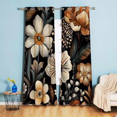 Black Vintage Floral Blackout Curtains for Kids’ Room, 2-Piece Set, 158 x 132 cm