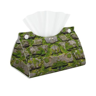 Tissue Box Cover with Moss Stone and Paving Stone Print, Leather, Long, Cute Decorative Organizer for Bathroom, Bedroom, Office, or Car