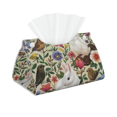 Long Printed Faux Leather Tissue Box Cover with Floral and Bird Design