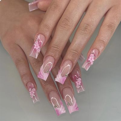 GlamRays Long Square Pink 3D Press-On Nails, 24-Piece Set