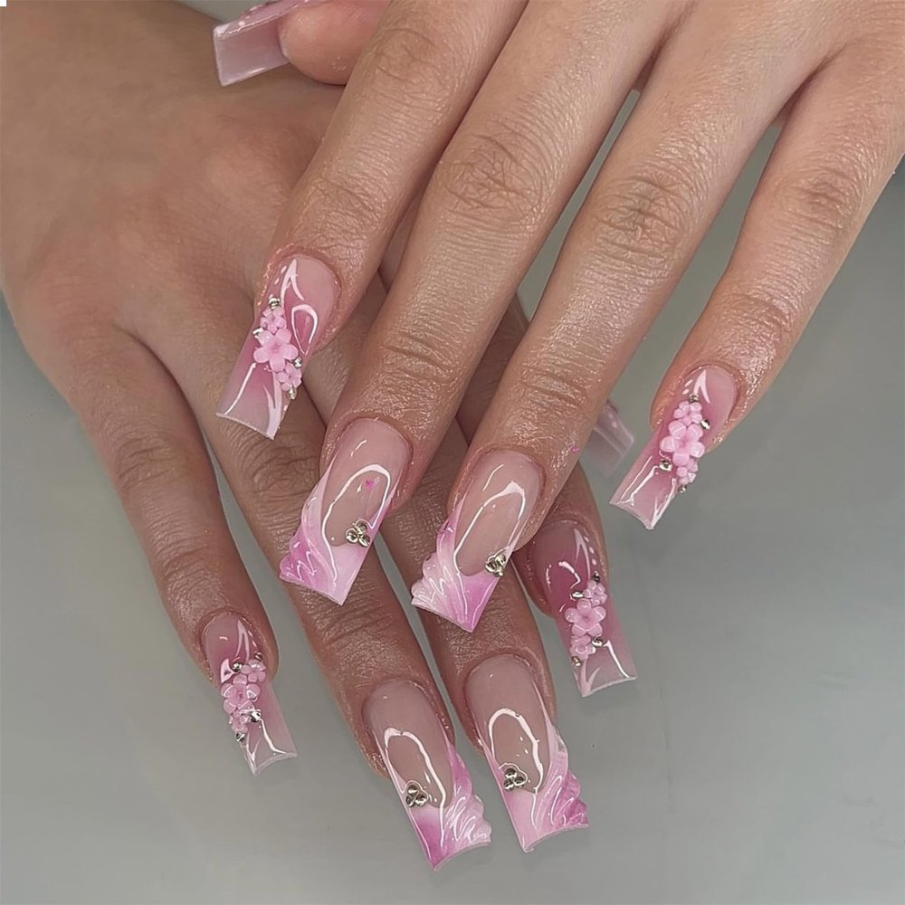 GlamRays Long Square Pink 3D Press-On Nails, 24-Piece Set