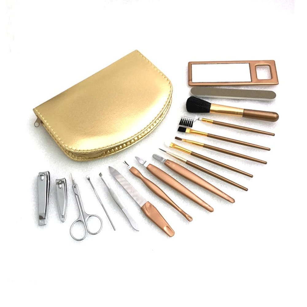 AYCDL Gold PU Case 18-Piece Nail Clipper and Makeup Brush Set